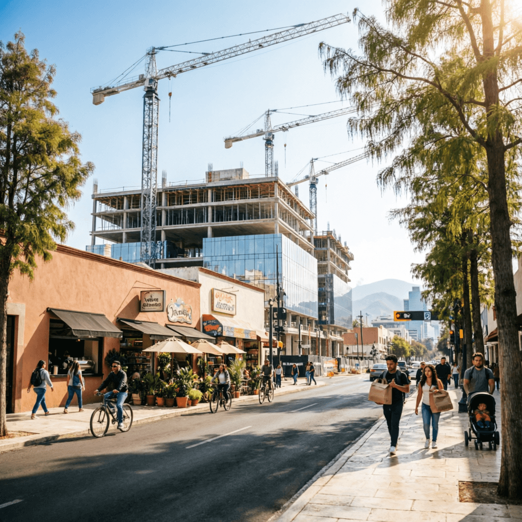 Obra de infraestructura urbana y actividad comercial en una avenida de México