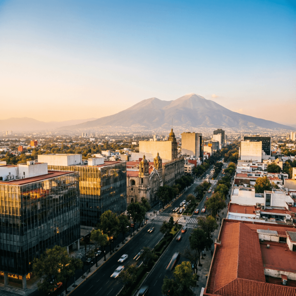 Vista panorámica de la Ciudad de México al atardecer con edificios y montañas de fondo