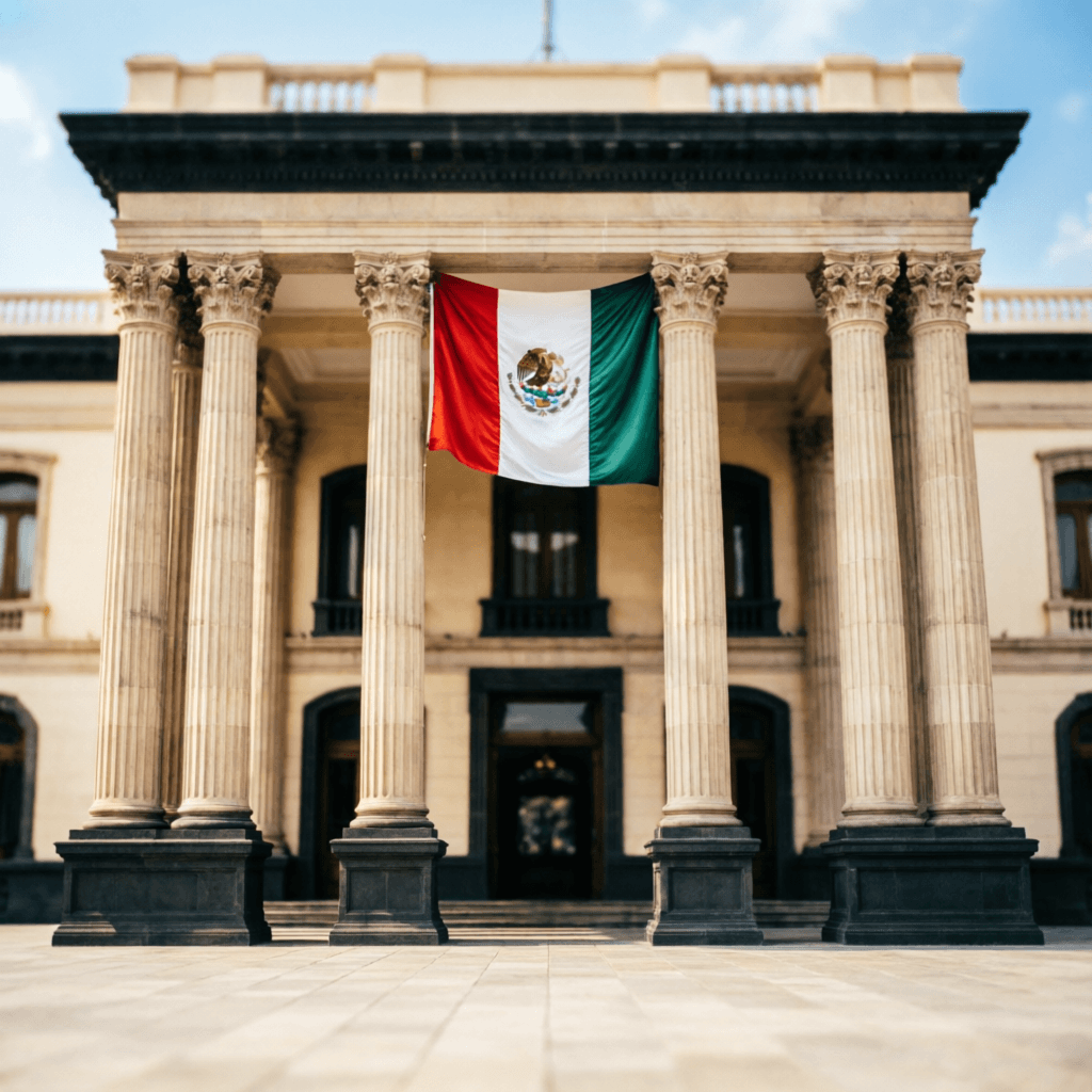 Fachada institucional del recinto legislativo mexicano con bandera nacional